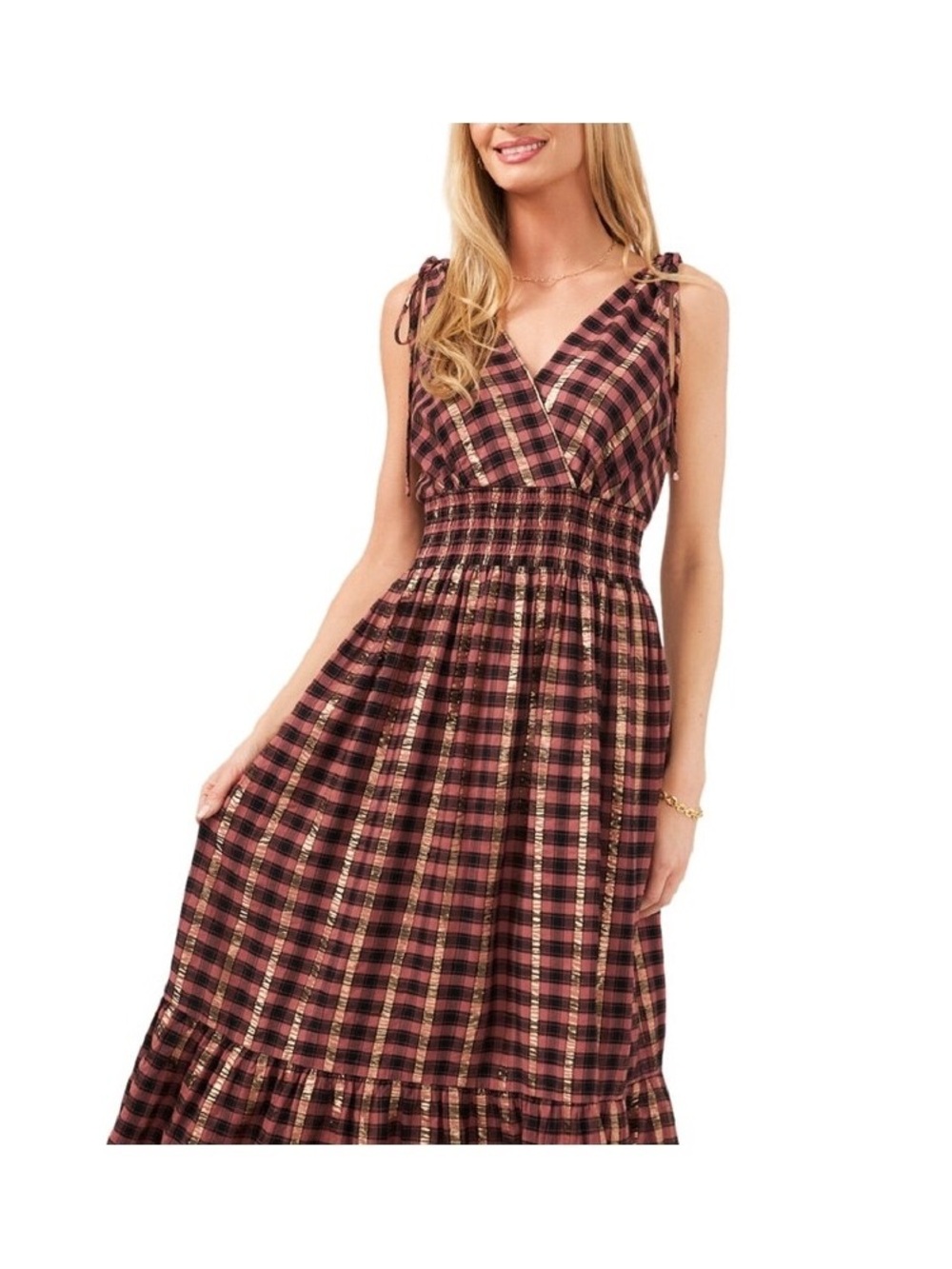 Vince Camuto Metallic Plaid Tie-Shoulder Smocked Midi Dress